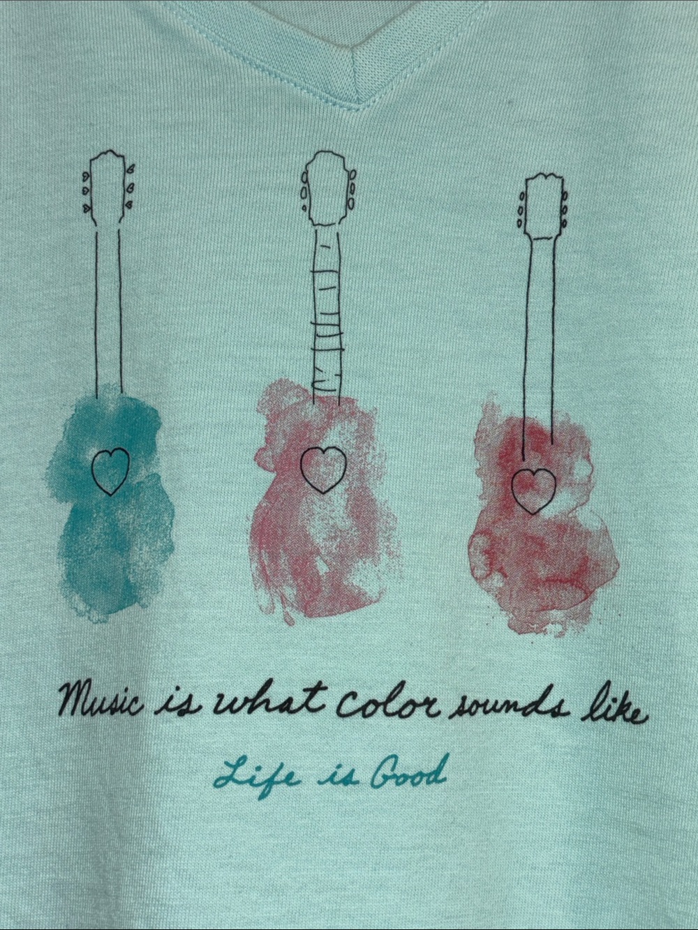 Life Is Good Mint V-Neck Tee with Triple Guitar Watercolor Print